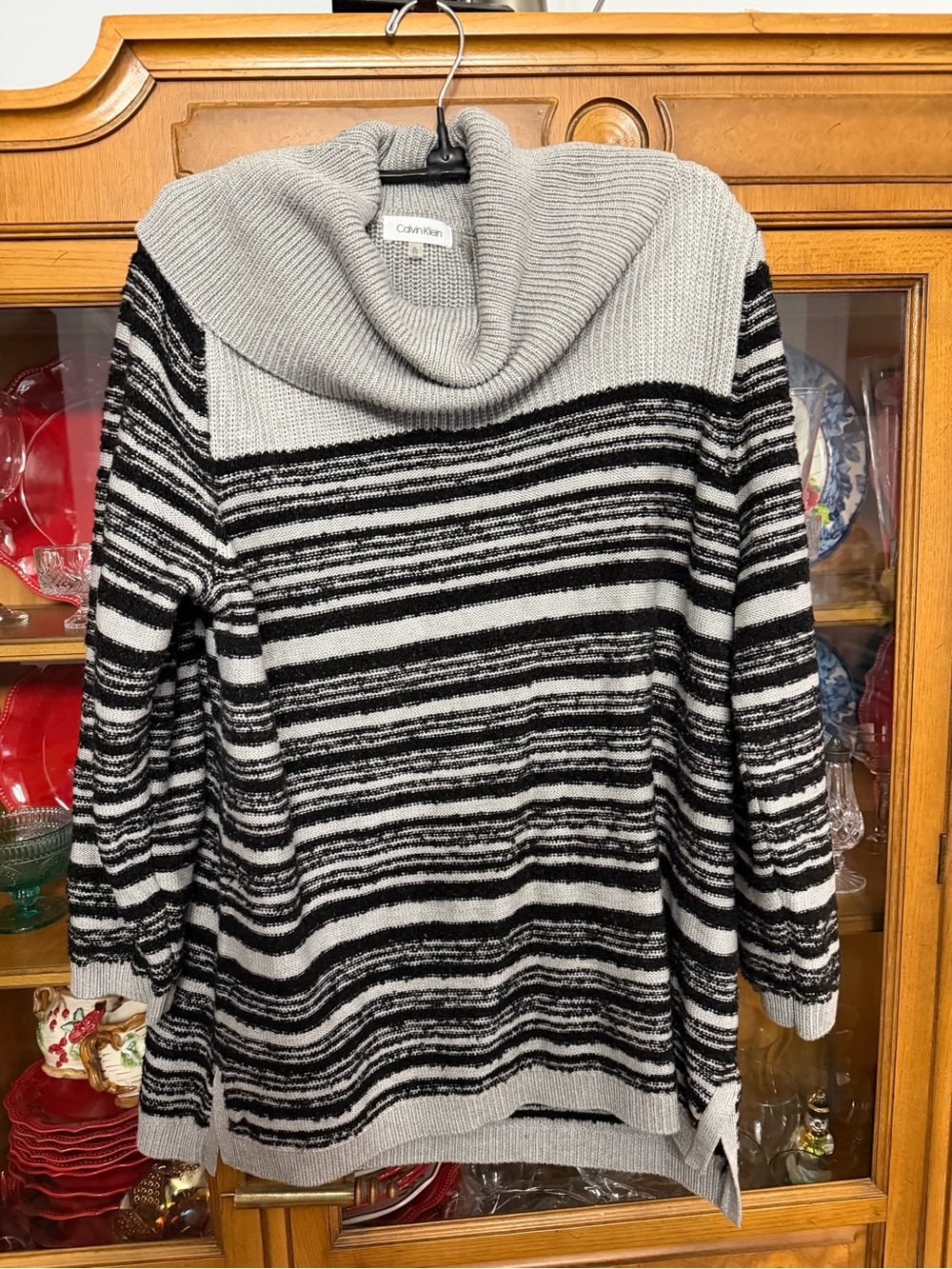 Calvin Klein Black and Gray Striped Cowl Neck Sweater